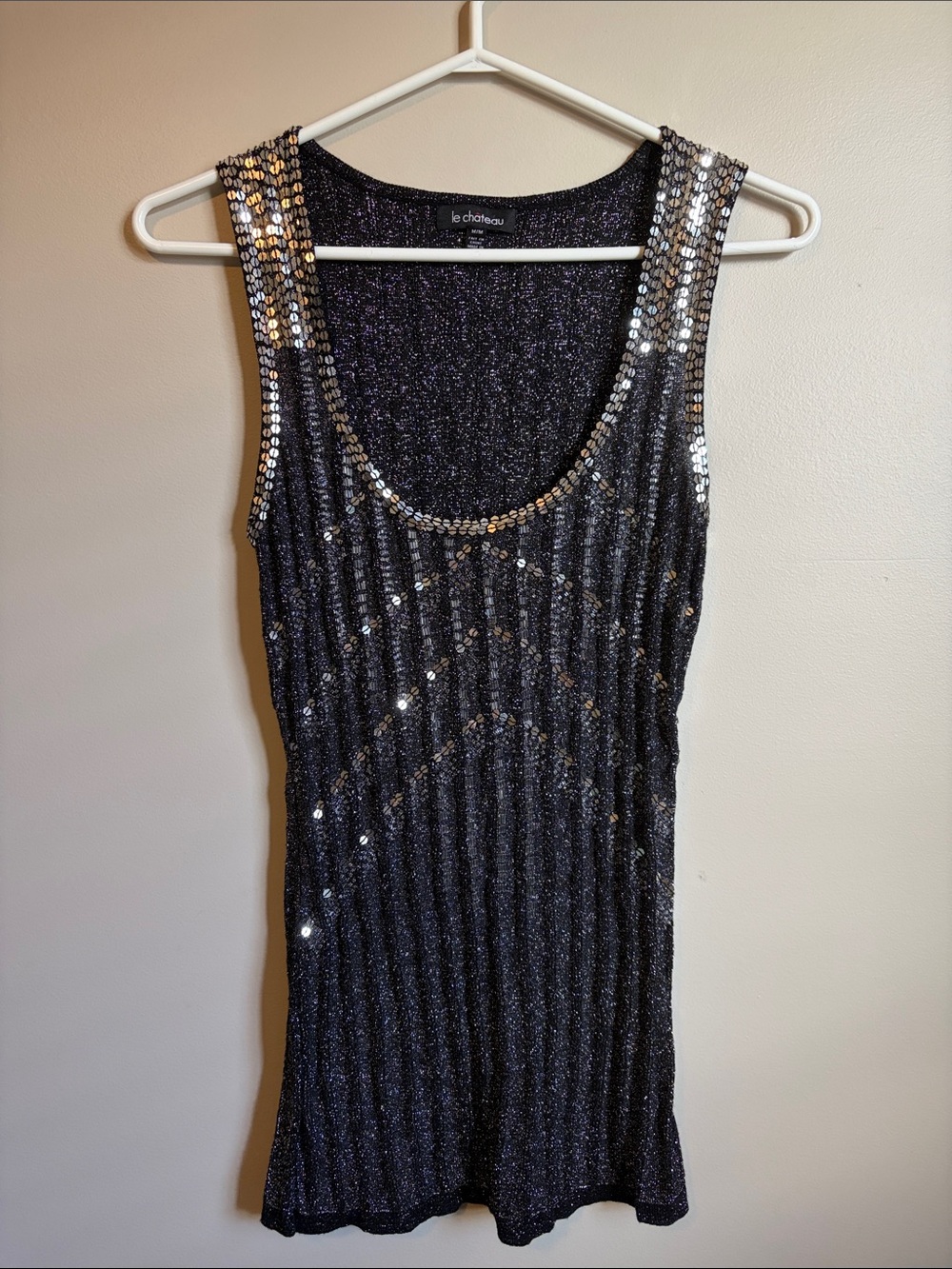 le chateau Black Sequin Tank Top with Silver Accents
